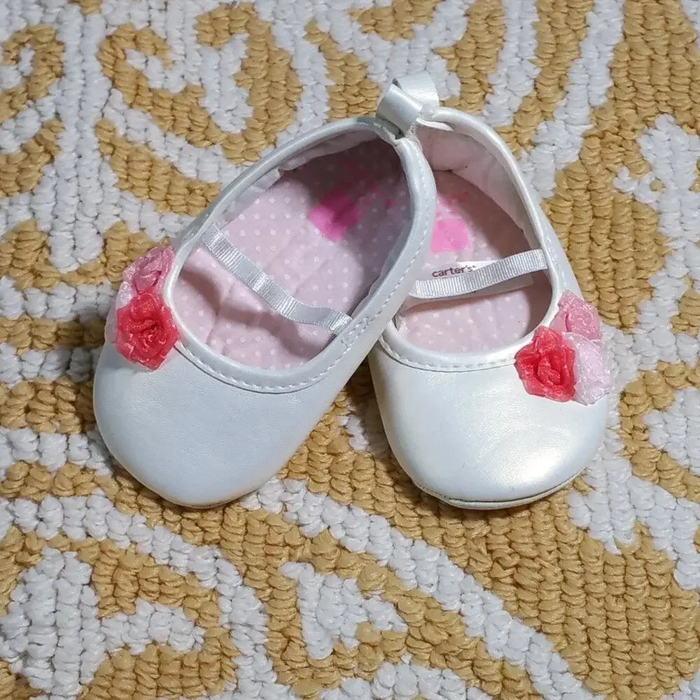 Carter's White Pink Mary Jane Shoes With Flowers 3 Months